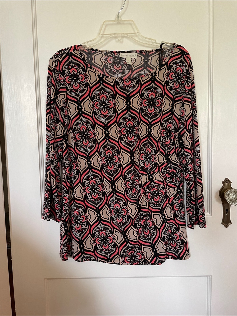 Dana Buchman Pink Black Cream Floral Geometric Long Sleeve Tunic